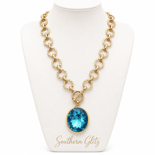 Turquoise Blue Crystal Pendant Necklace, Gold Tone Toggle Necklace, Statement Chain Jewelry, Elegant Boutique Necklace