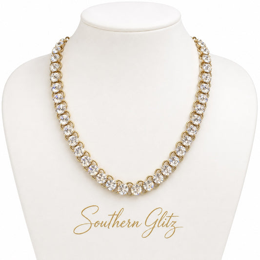 Gold Tone Crystal Statement Necklace, Sparkling Rhinestone Chain Necklace, Glamorous Boutique Jewelry, Bridal Party Gift