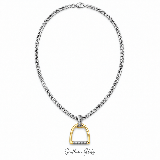 Two Tone Equestrian Stirrup Necklace, Gold & Silver Horse Lover Pendant, Crystal Accent Riding Jewelry, Equestrian Gift for Her