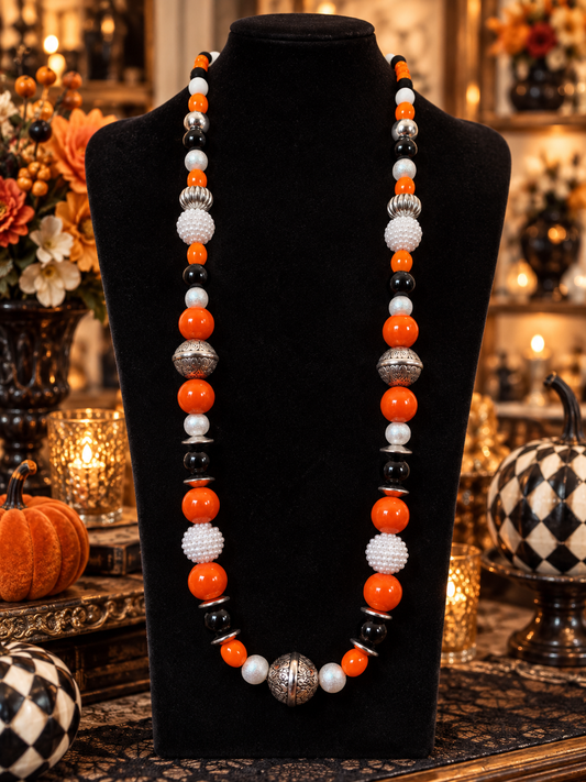 Orange Black & Silver Beaded Statement Necklace, Halloween Color Jewelry, Chunky Bead Necklace, Fall Boutique Necklace