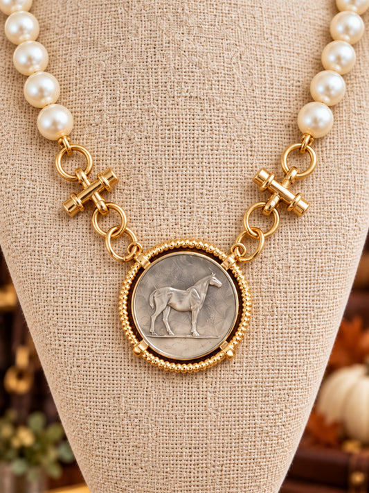 Pearl Horse Medallion Necklace, Two Tone Equestrian Jewelry, Gold Horse Coin Pendant, Horse Lover Gift, Rider Necklace