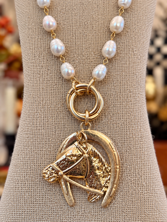 Pearl Horse Head Necklace, Gold Equestrian Pendant Necklace, Horseshoe Jewelry, Horse Lover Gift, Long Rider Necklace