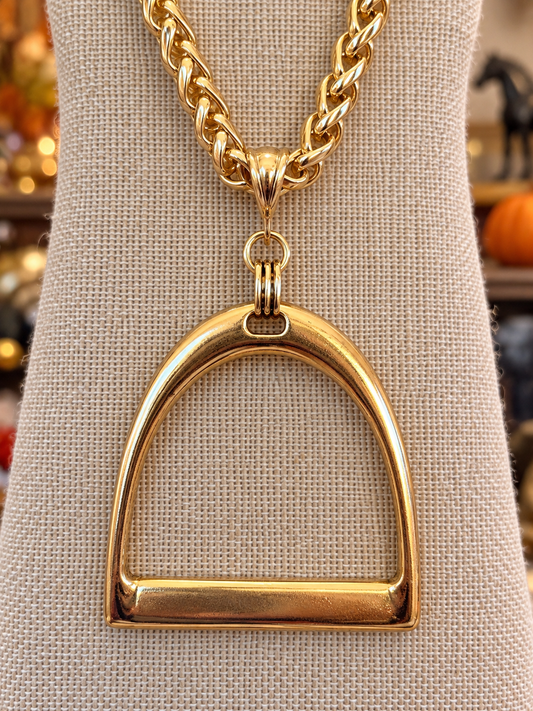 Gold Stirrup Pendant Necklace, Equestrian Statement Necklace, Horse Lover Jewelry, Gold Tone Chunky Chain, Riding Gift for Her