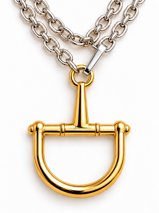 Gold Snaffle Bit Pendant Necklace, Silver Multi Strand Chain, Two Tone Equestrian Statement Necklace, Horse Lover Gift
