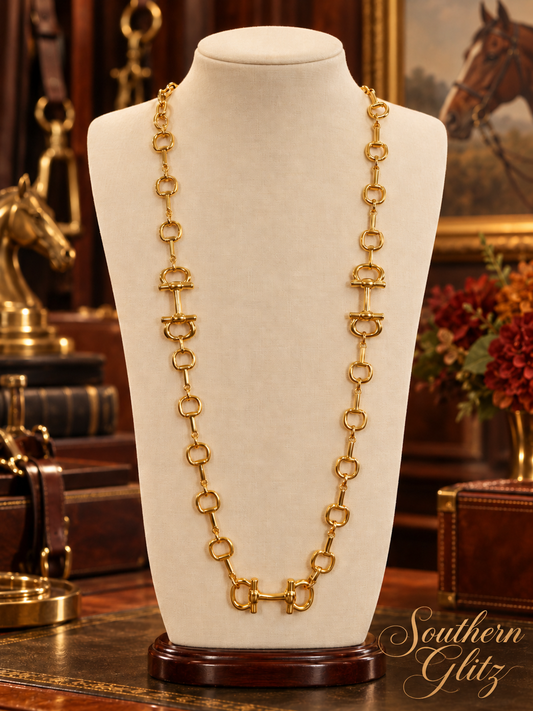 Gold Snaffle Bit Link Necklace | Equestrian Statement Necklace | Horse Lover Jewelry | Gold Tone Long Chain Necklace | Riding Gift