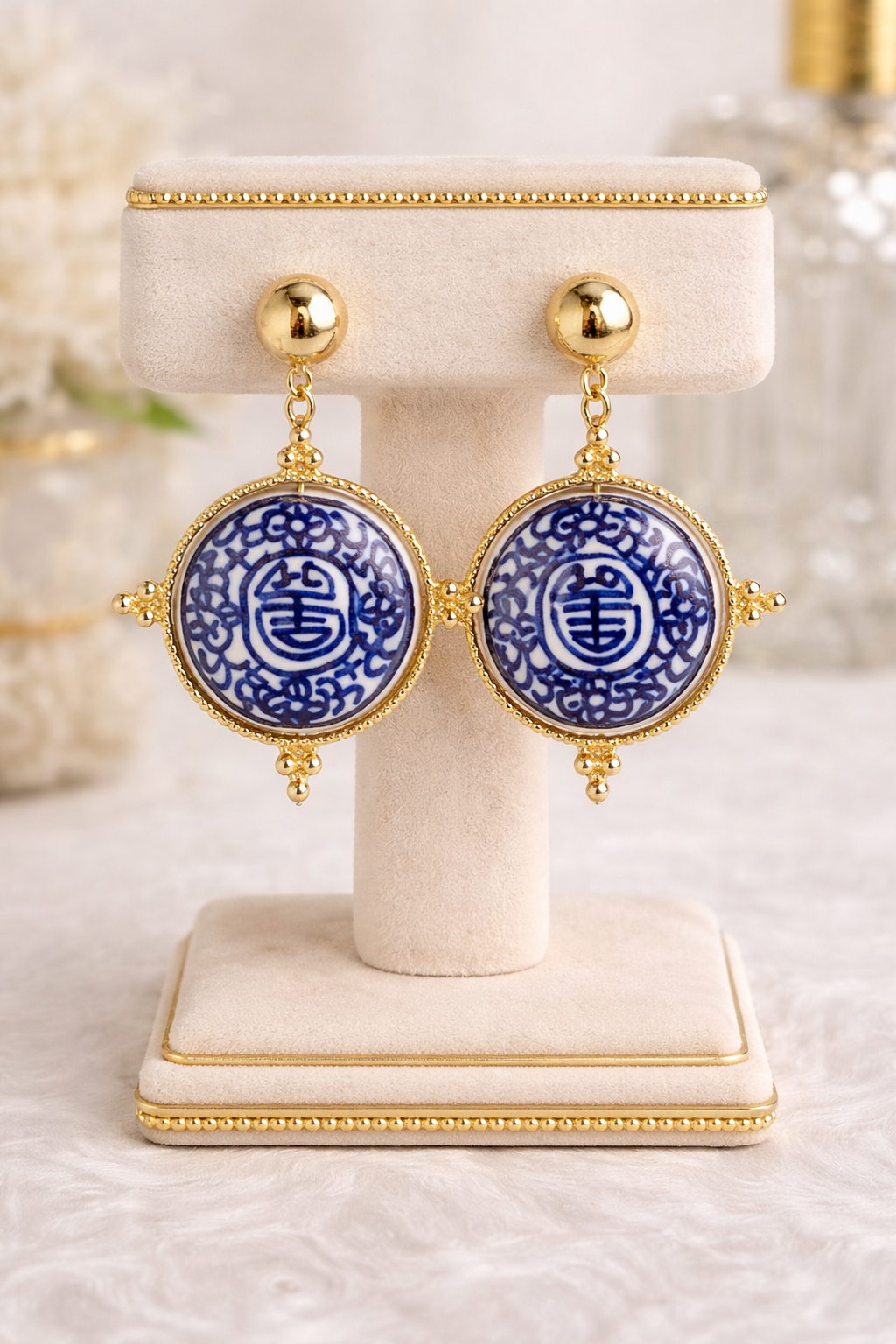 Blue & White Porcelain Statement Earrings – Gold Chinoiserie Dangle Earrings