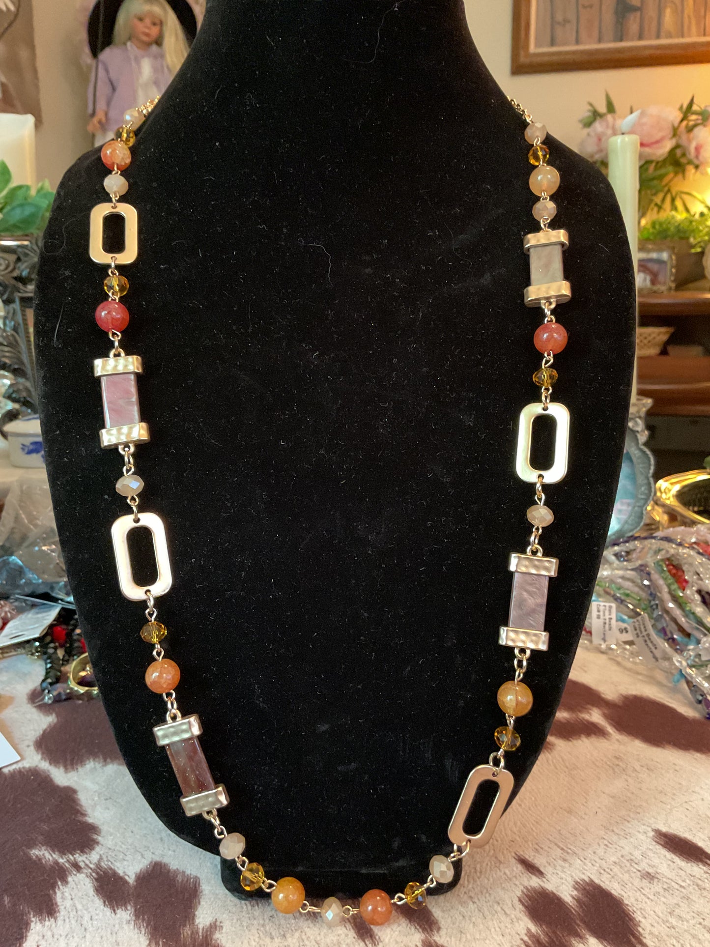 Long mixed metal and bead fall color necklace