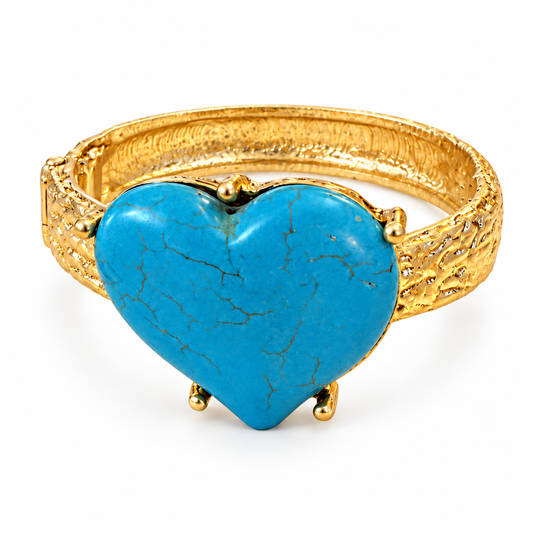 Turquoise Blue Heart Bangle Bracelet, Textured Gold Tone Bracelet, Southwestern Statement Jewelry, Gift for Her