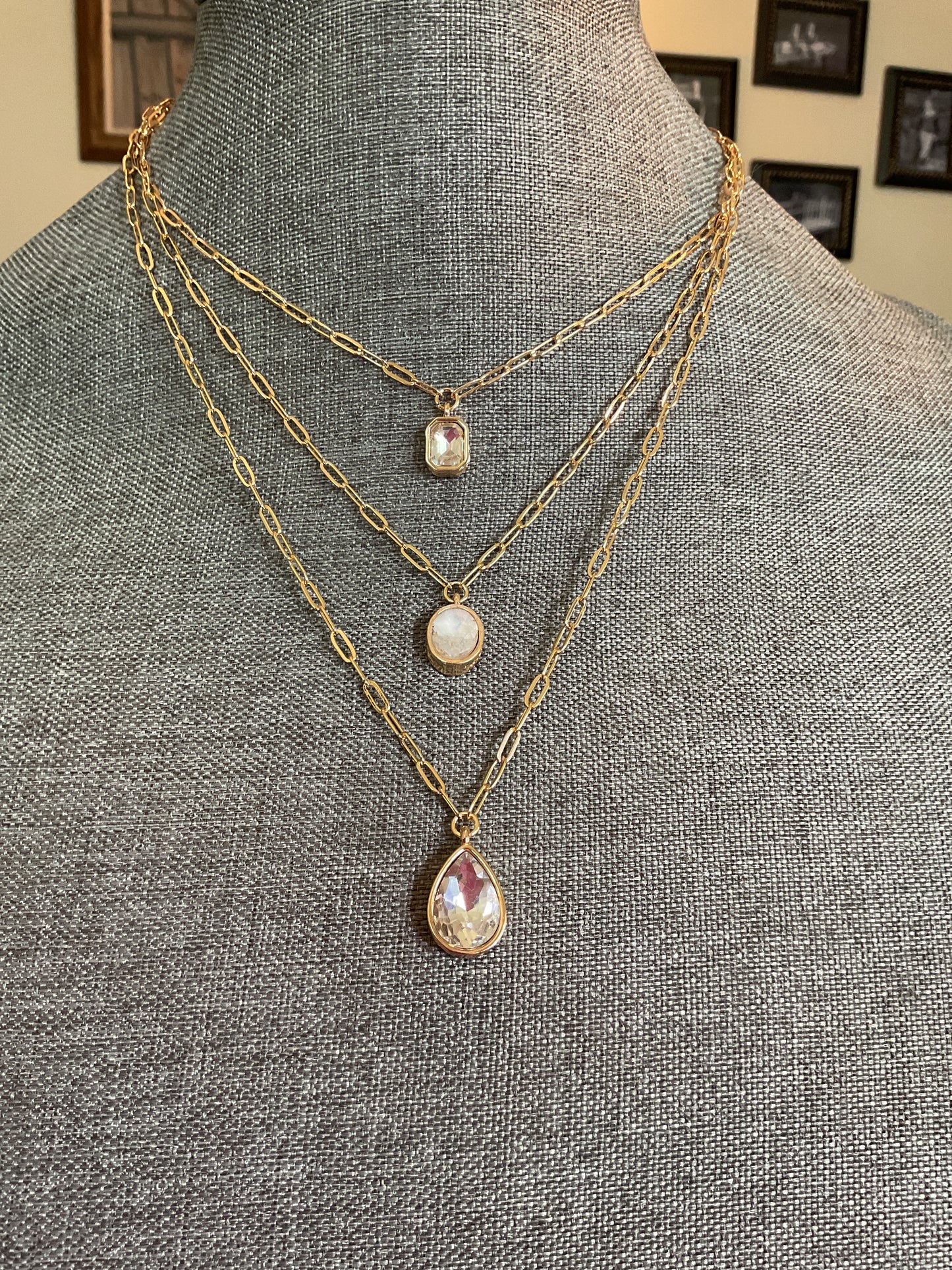 Multi layer gold chain necklace with clear stone pendants