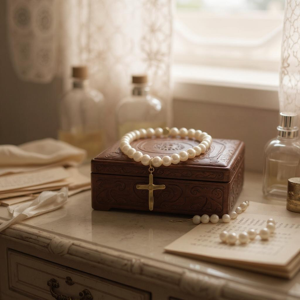 Pearl short necklace with a gold cross pendant