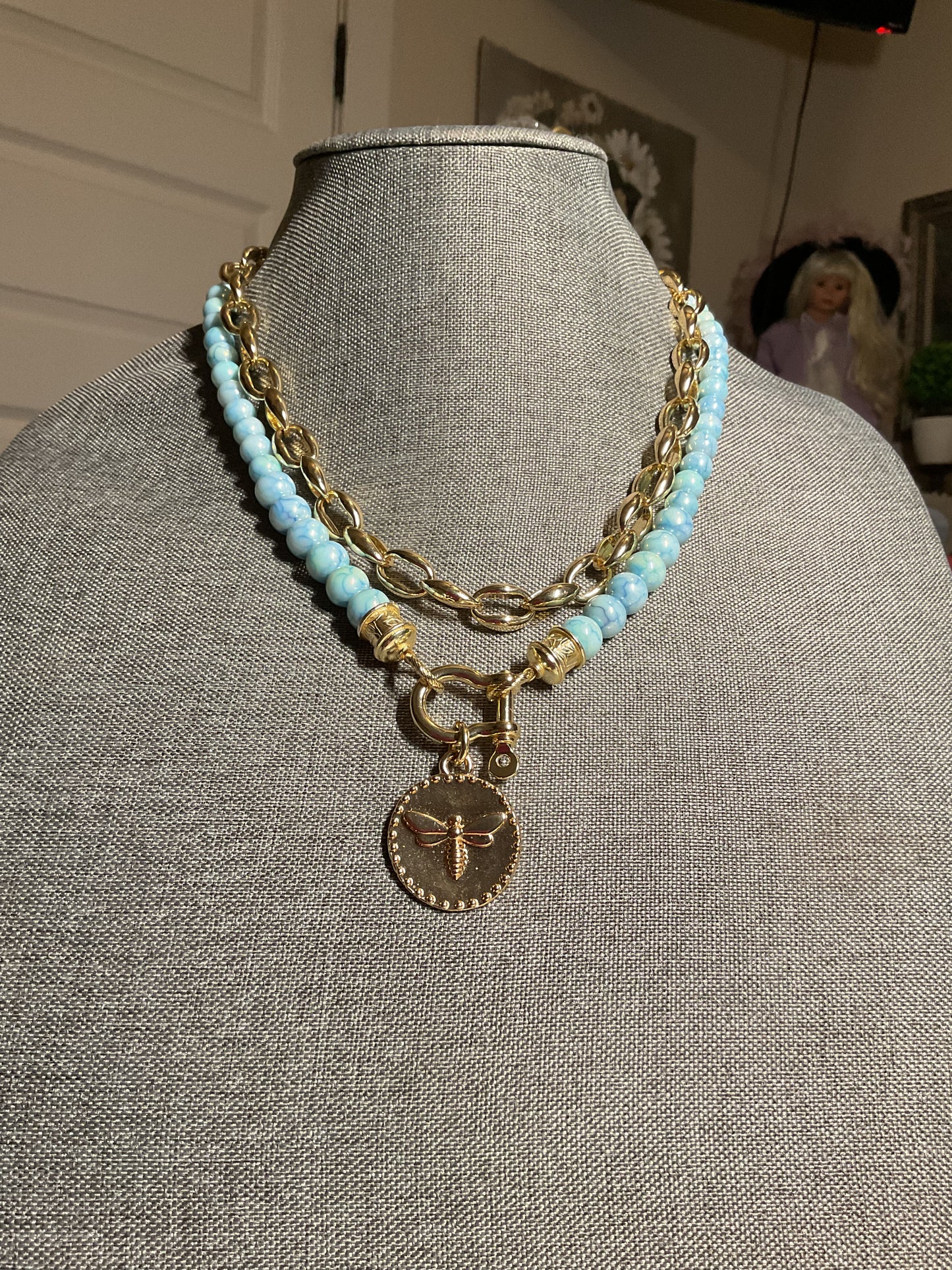 Blue and gold  bee pendant double stranded necklace