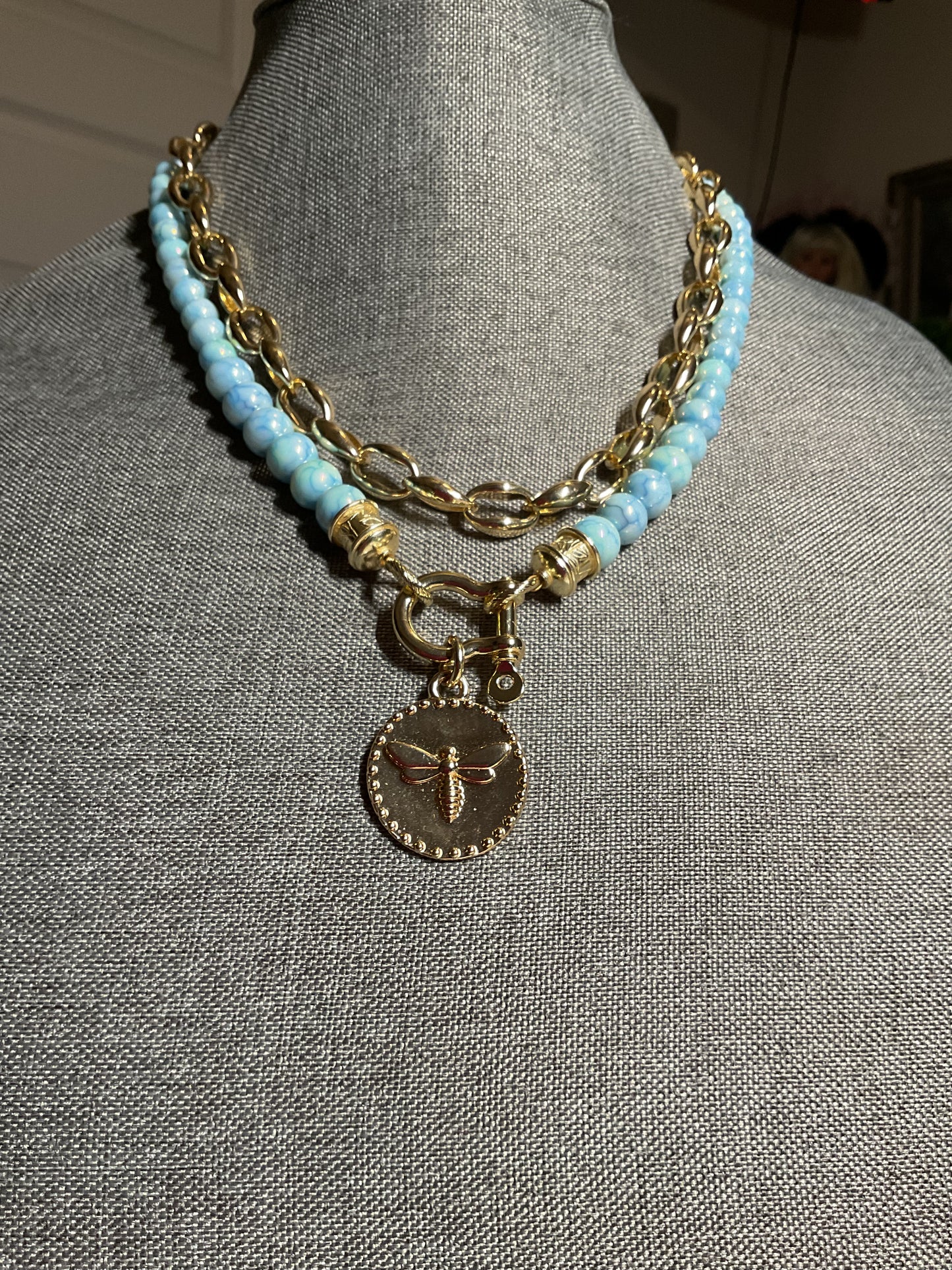 Blue and gold  bee pendant double stranded necklace