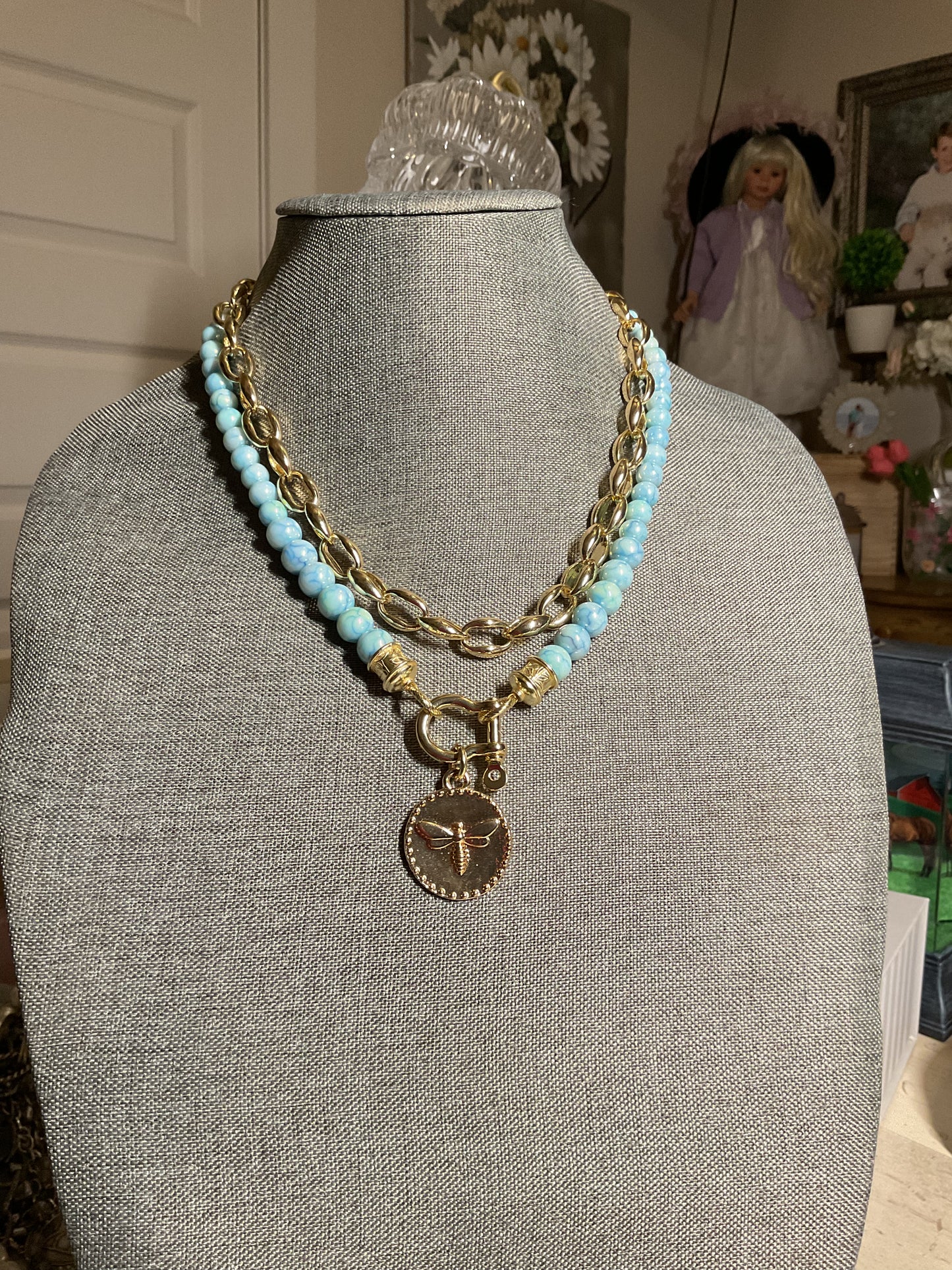 Blue and gold  bee pendant double stranded necklace