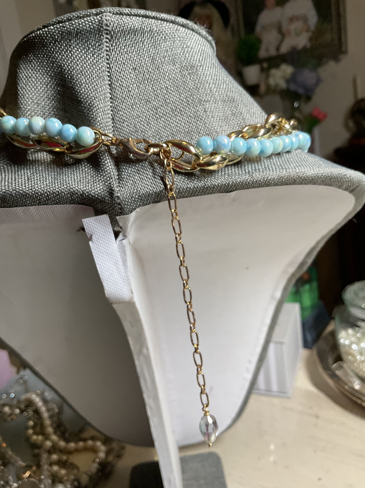 Blue and gold  bee pendant double stranded necklace