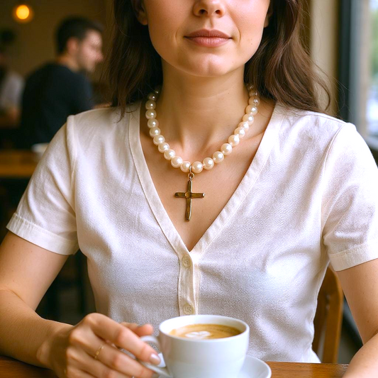Pearl short necklace with a gold cross pendant