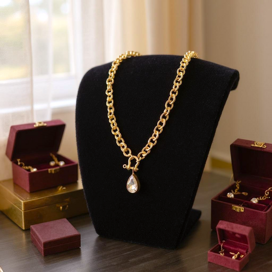 Gold long necklace with crystal drop pendant