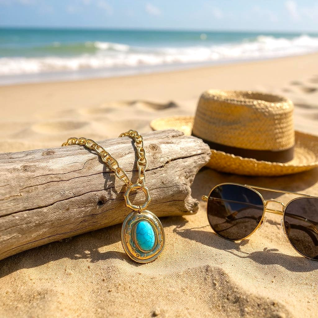 A long, chunky gold tone chain with a large turquoise and gold pendant
