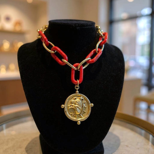 Red and gold chunky chain with a Bulldog gold tone pendant