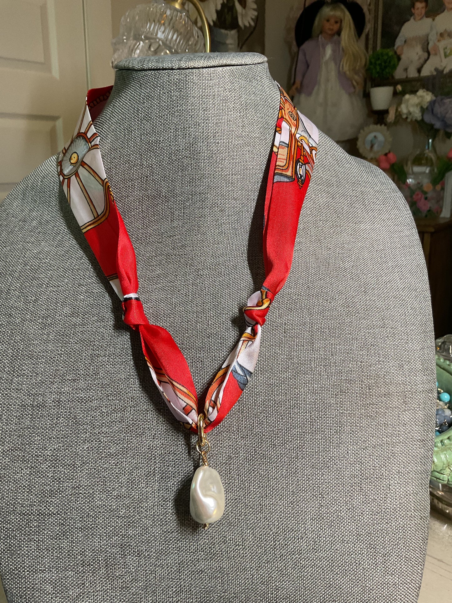 red scarf necklace with replica baroque frest water pearl
