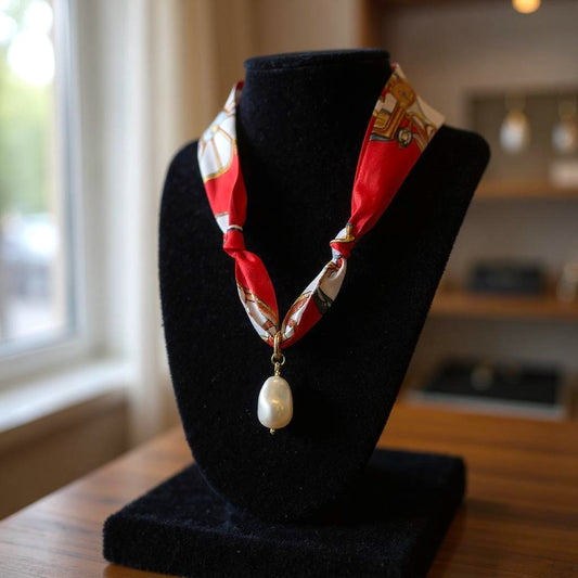 red scarf necklace with replica baroque frest water pearl