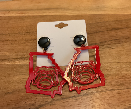 Stylish red earrings featuring a bulldog design.