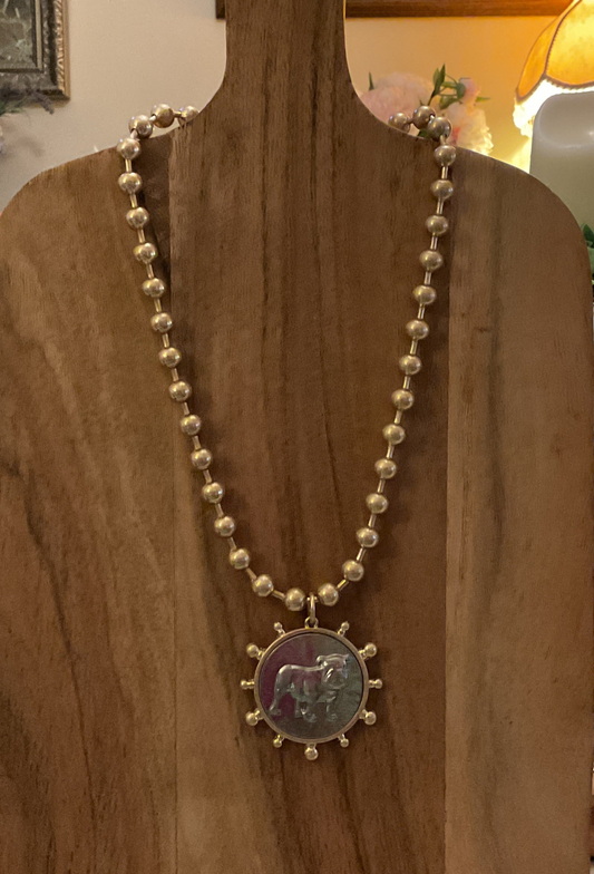 Gold Beaded Necklace with bulldog Pendant