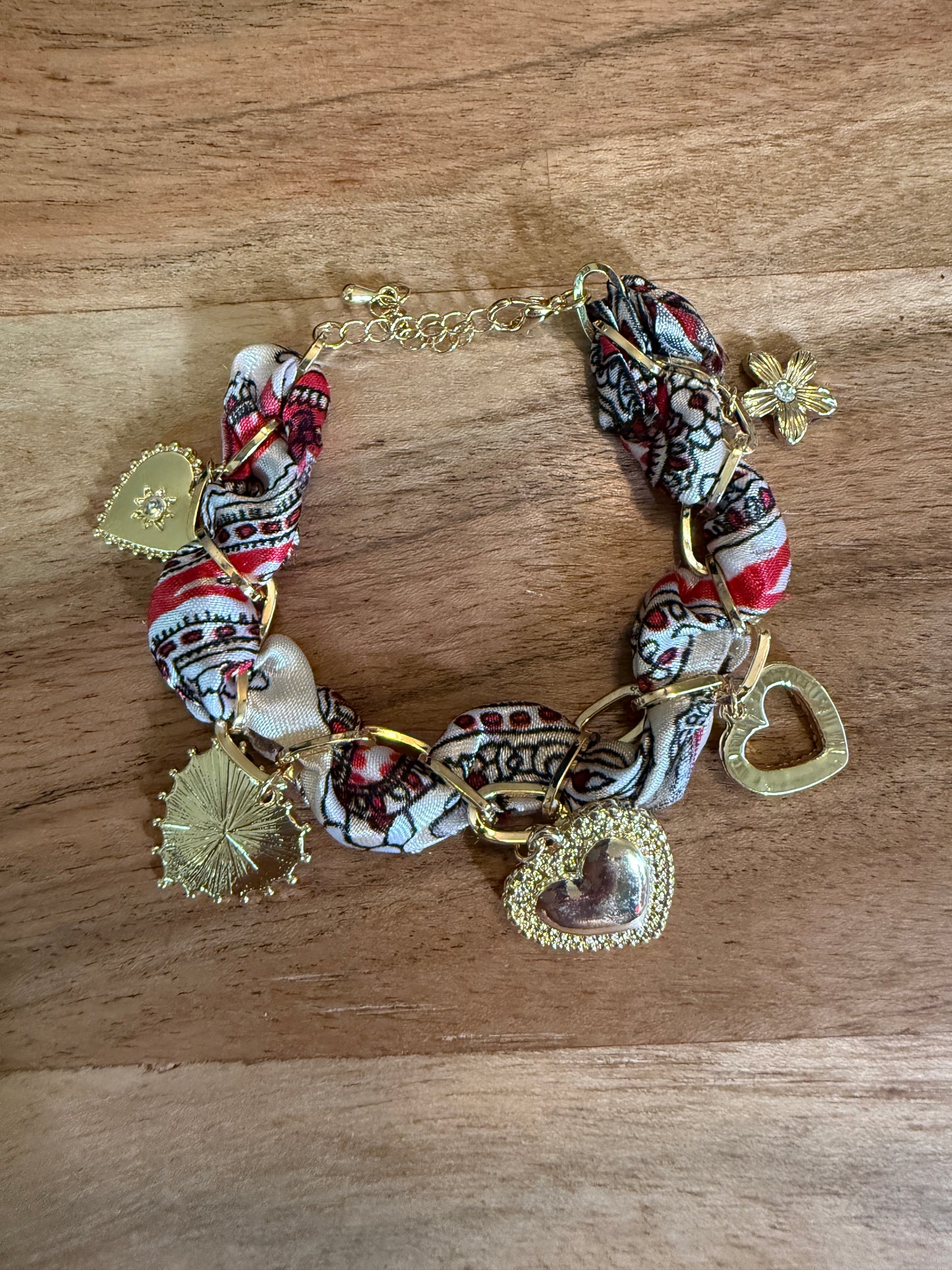 scarf bracelet with gold charms