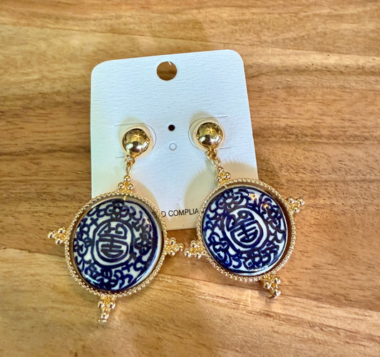 Blue, white and gold dangle earrings
