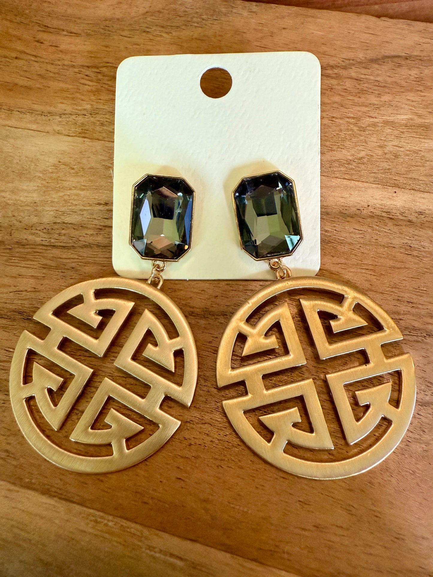Gold Filigree Round dangle earrings with dark grey crystals