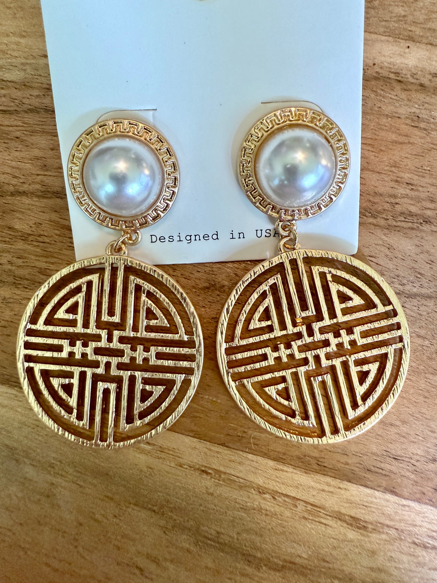 Gold filigree round and pearl drop earrings