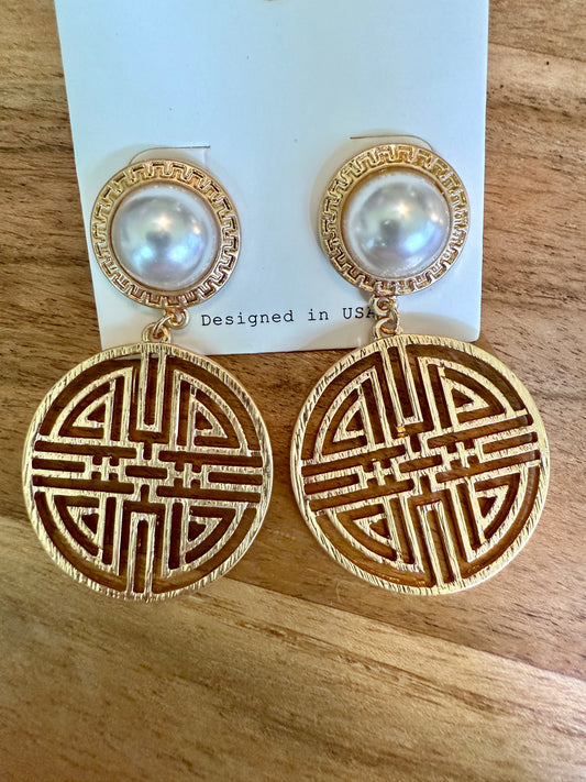 Gold filigree round and pearl drop earrings