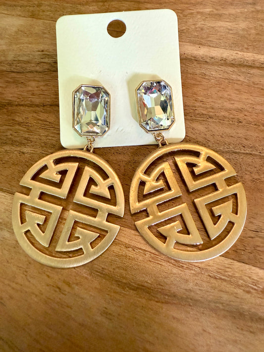 Gold filigree dangle earrings with clear stones