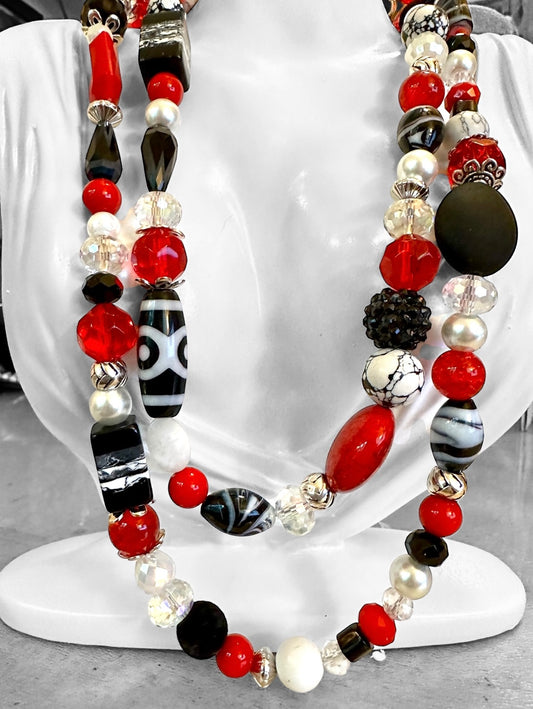 Handmade red, black and white beaded long necklace