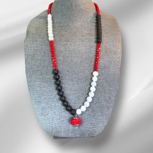 Red, black and white beaded necklace
