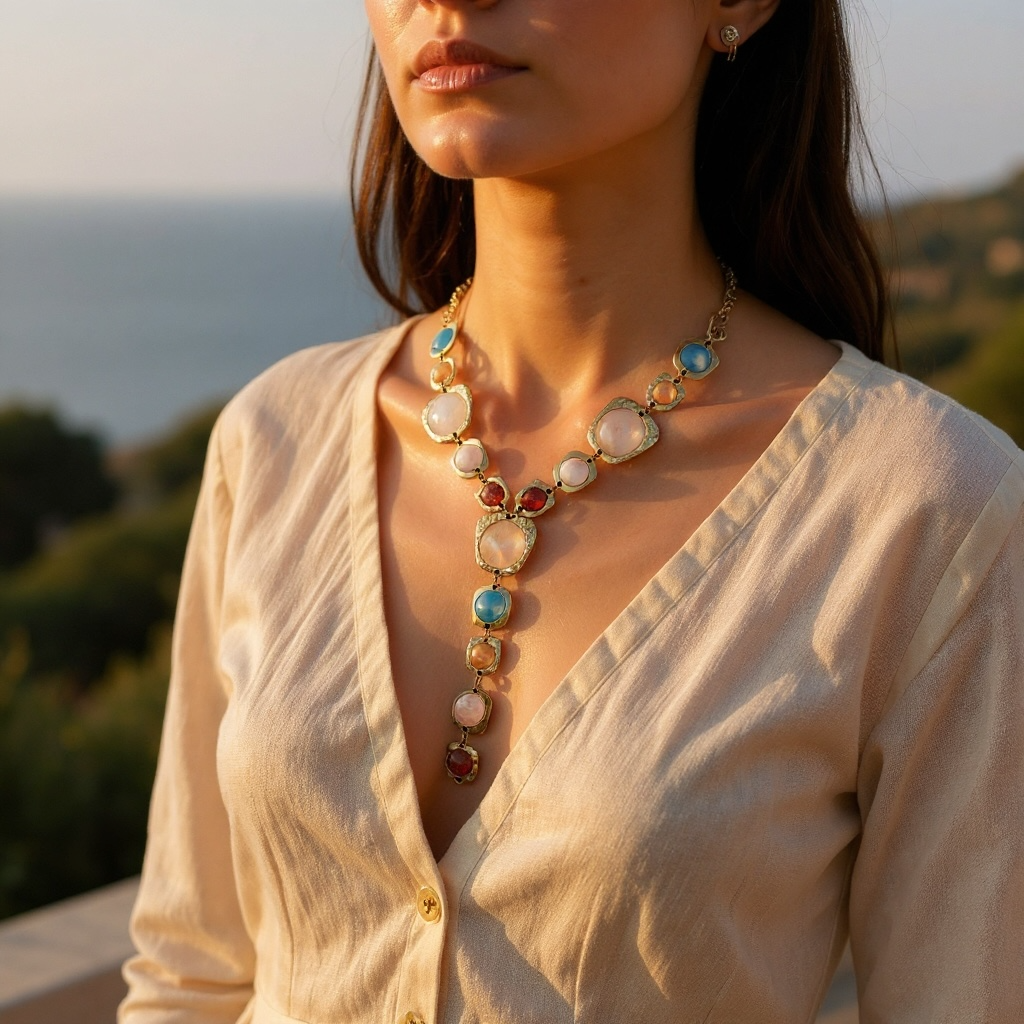 Colorful stone Y necklace set in gold