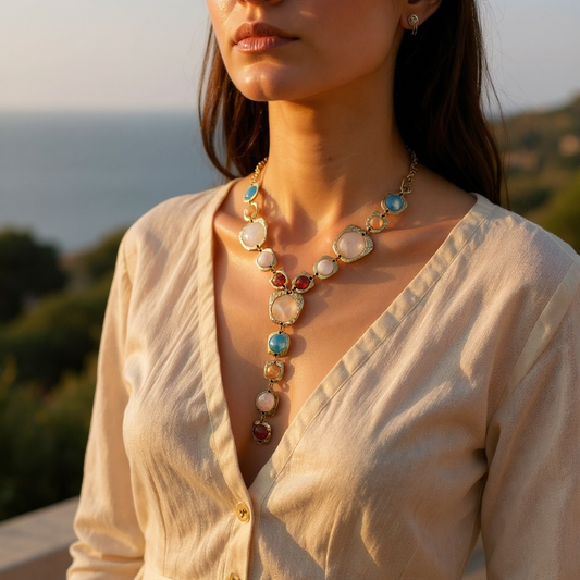 Colorful stone Y necklace set in gold