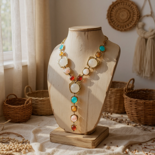 Colorful stone Y necklace set in gold