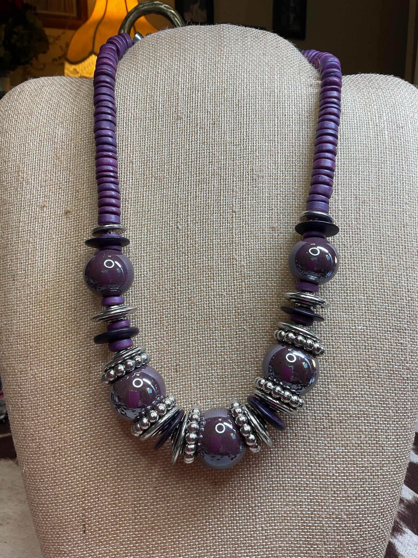 Purple and silver beaded necklace