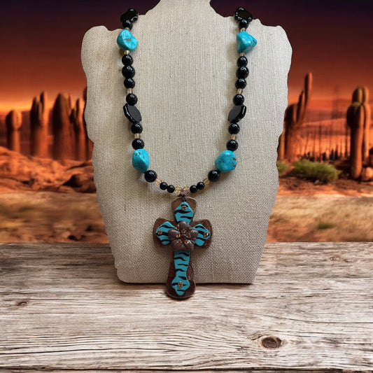 Southwestern turquoise color and brown beaded necklace with large Cross pendant
