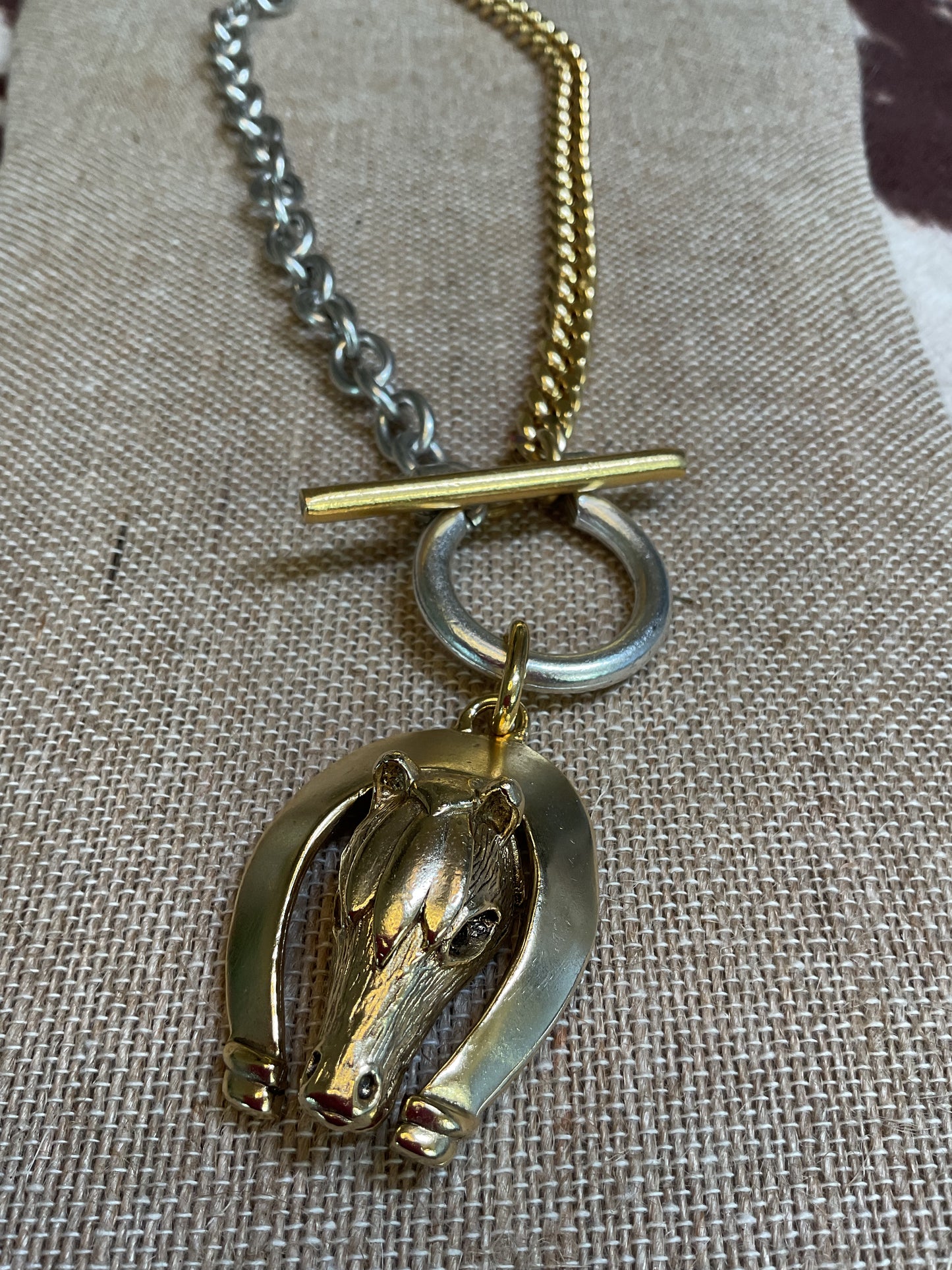 Yochi Two tone chain with large toggle clasp with a horse head pendant
