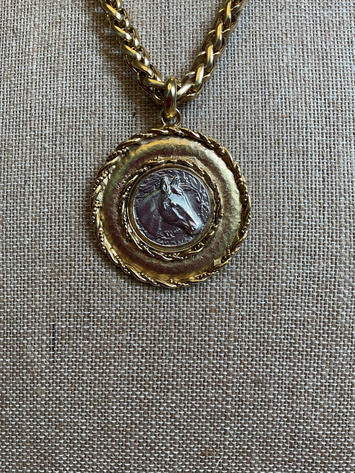 Yochi two tone horse disc pendant on heavy gold chain necklace