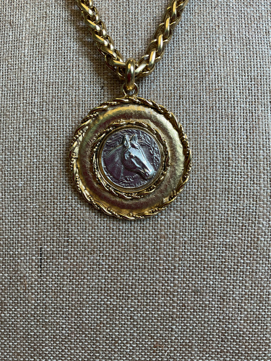 Yochi two tone horse disc pendant on heavy gold chain necklace