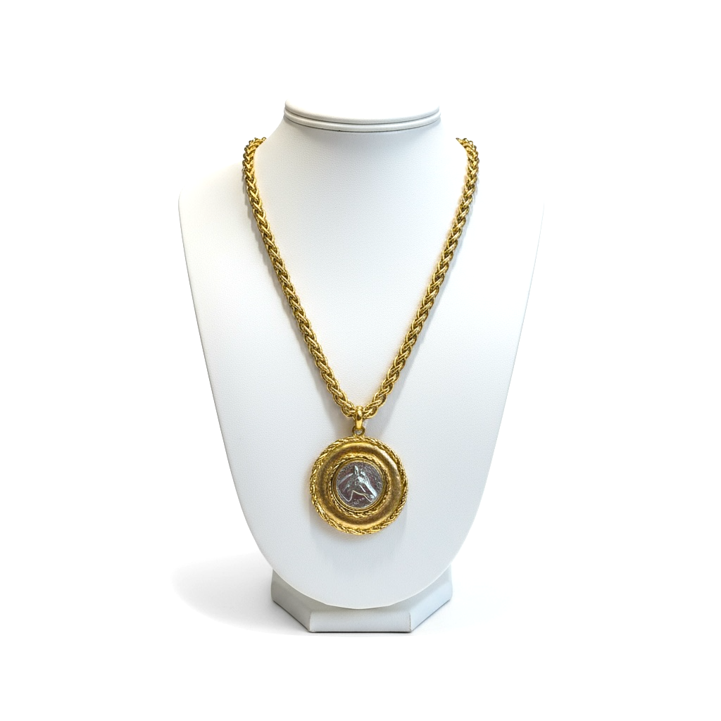 Yochi two tone horse disc pendant on heavy gold chain necklace