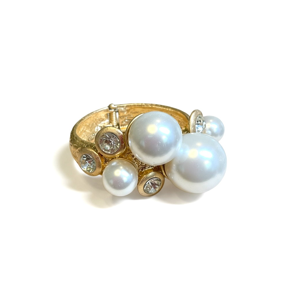 Large gold and pearl clamp style statement bracelet