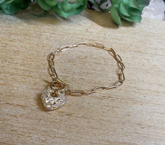 Gold chain link bracelet with premium cubic zirconia heart charm