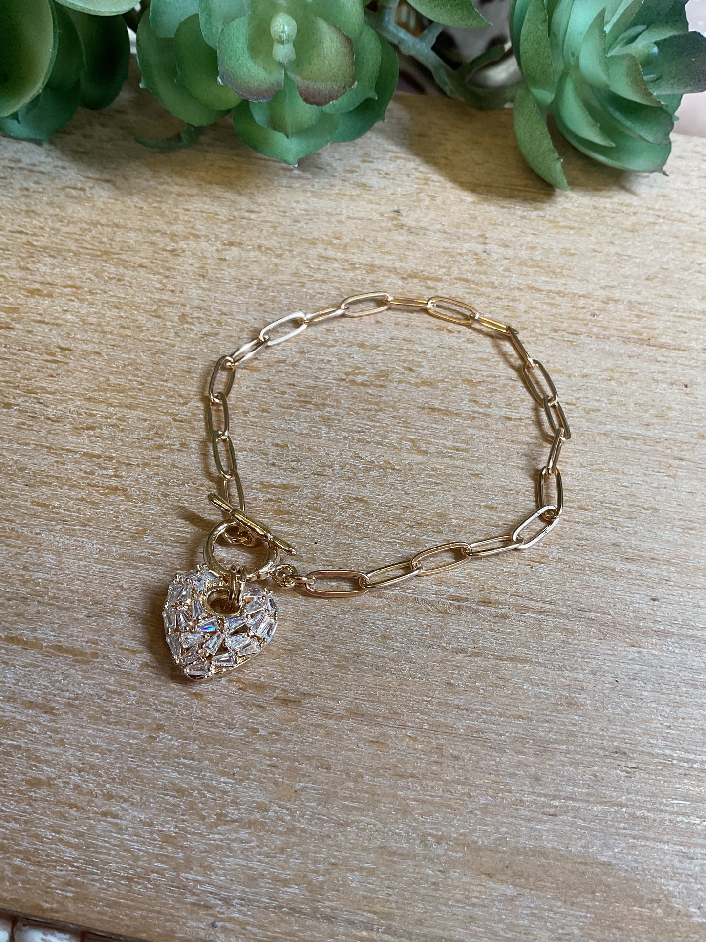 Gold chain link bracelet with premium cubic zirconia heart charm