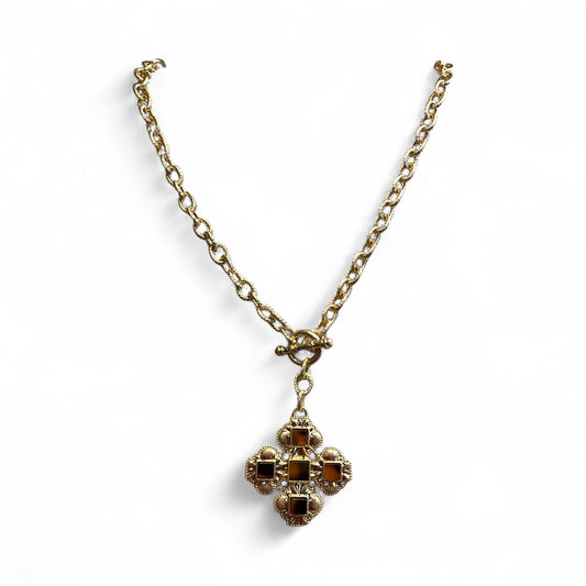 Gold-Tone Maltese Cross Pendant Necklace with Filigree Detailing