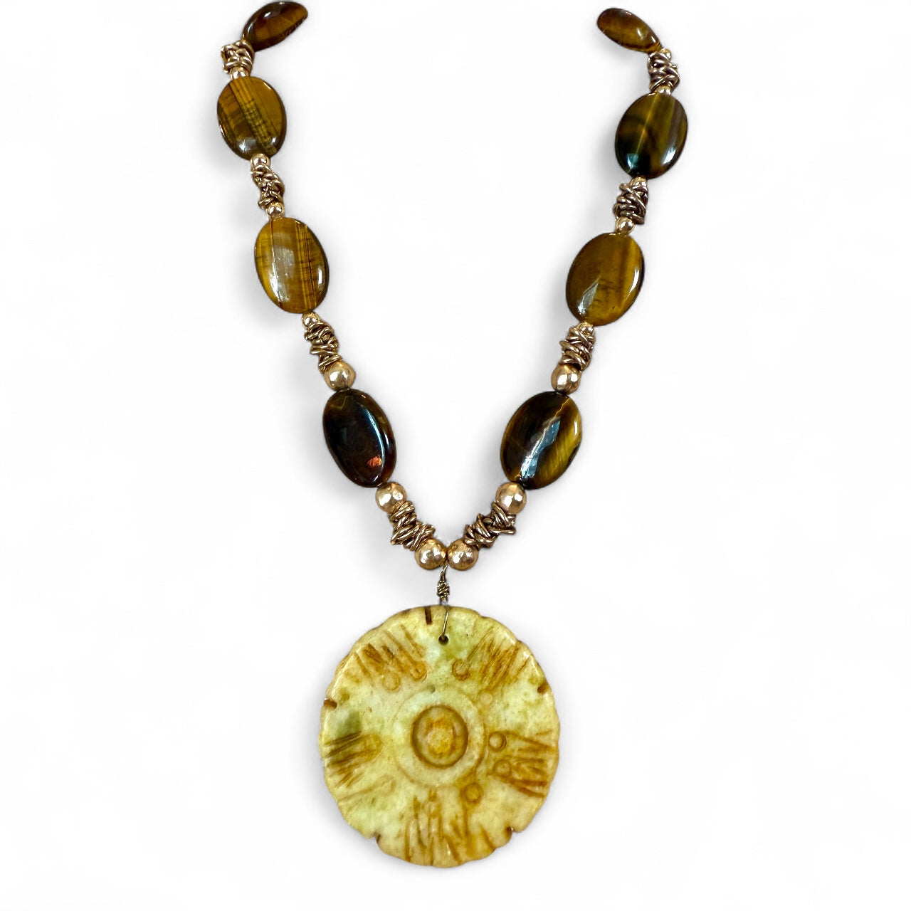 Handcrafted Tiger's Eye Beaded Necklace with Carved Medallion