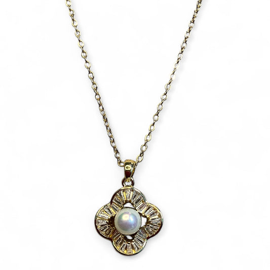 Gold-Tone Quatrefoil Pearl and Baguette Crystal Pendant Necklace