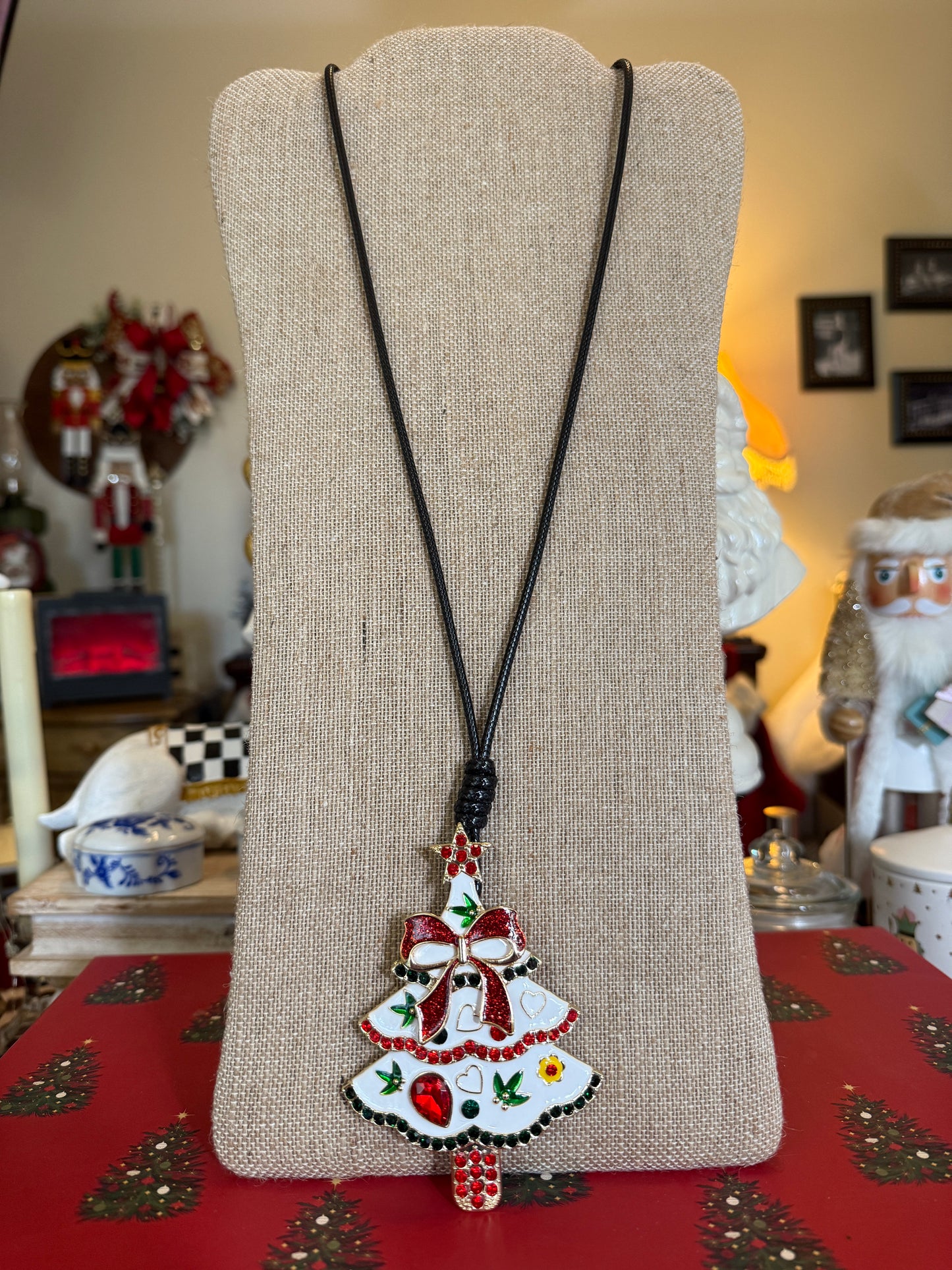 Christmas tree pendant necklace on a black cord